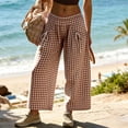 thumbnail image 2 of Yungyresw Women's Plaid Barrel Pants Wide Leg Elastic Waist Casual Culottes Pants Breathable Drawstring Loose Pants With Pocket Khaki S, 2 of 5