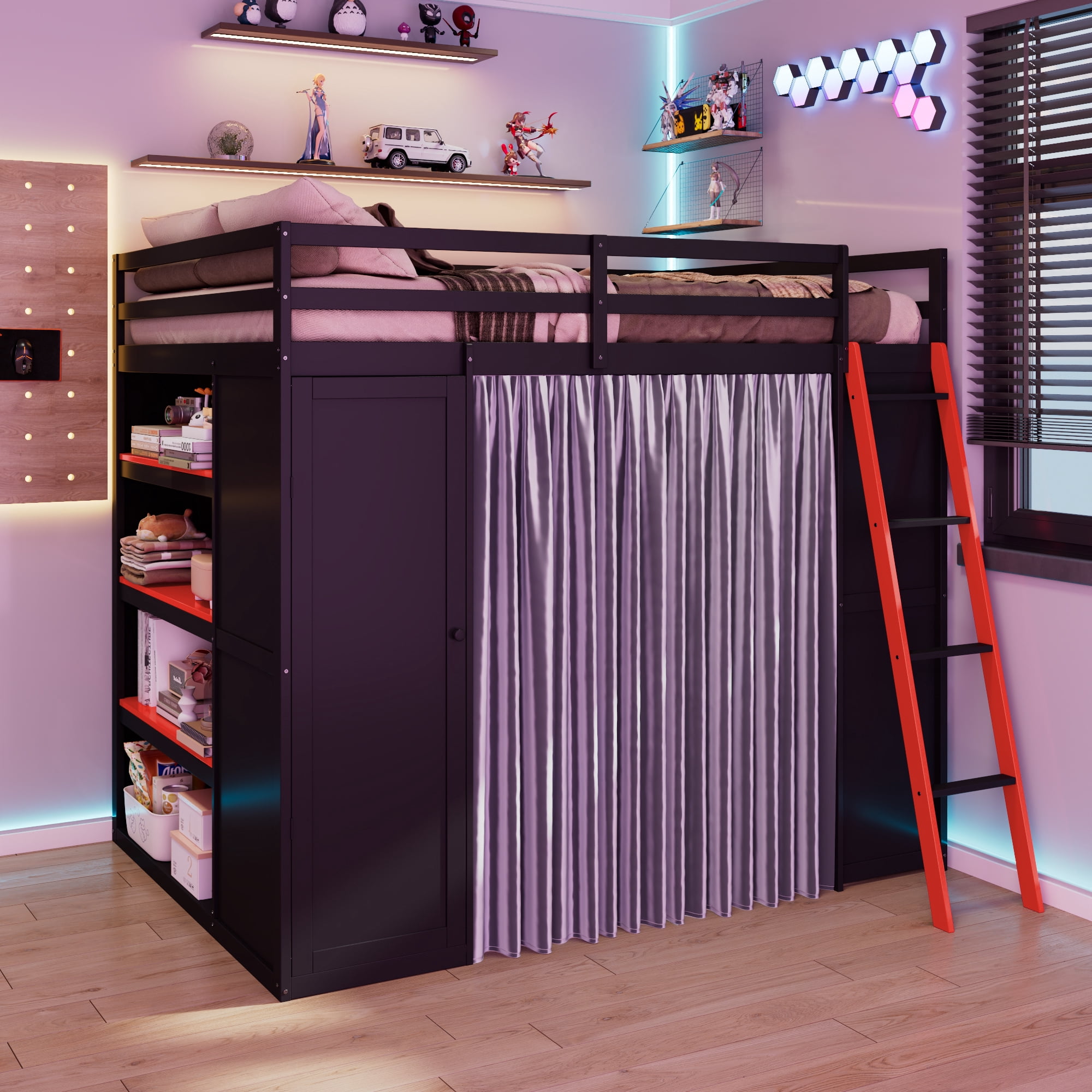 Mintazer Full Size Loft Bed with Wardrobe, Storage Shelves, Desk, Blackout Curtains, Charging Station & RGB Lights Game Bed Frame for Teens, Black & Red