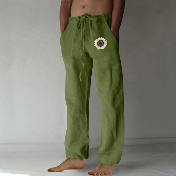 Dxzfnsa Cotton and linen men's summer beach pants, featuring a loose fit, an elastic waistband with a drawstring, and a daisy pattern golf pants men(Army Green,L)