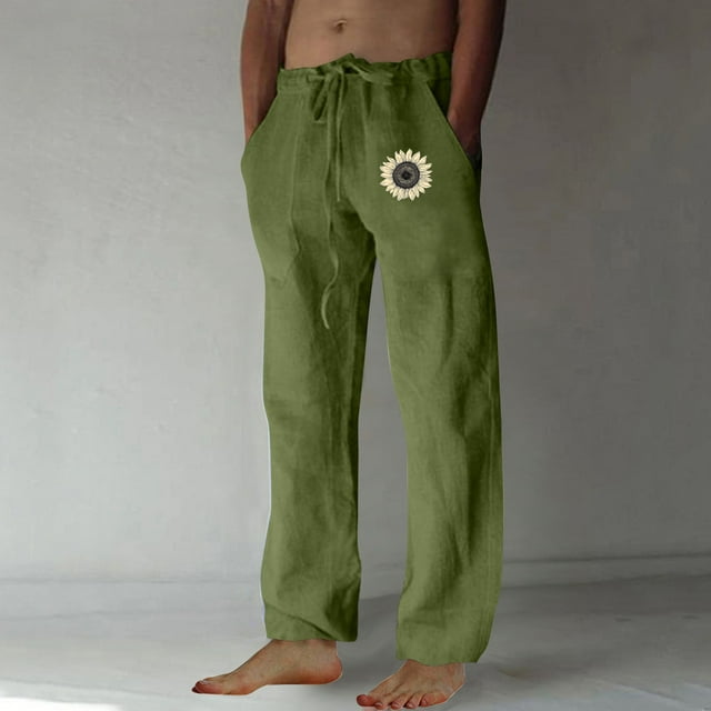 Leodye Men's Sunflower Print Elastic Waist Drawstring Pants Loose Straight Leg Pants with Pockets Army Green XXL(XXL)