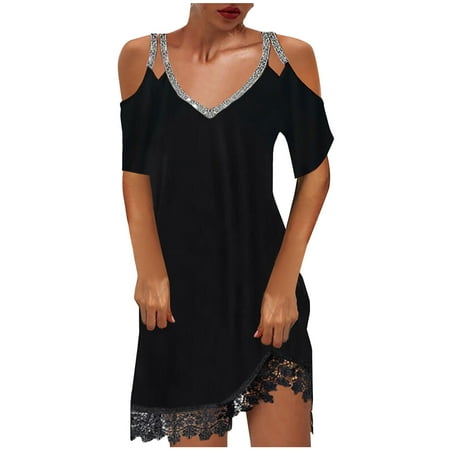 

Juebong Fashion Women Summer Casual V-Neck Solid Lace Long Sleeve Mini Dress
