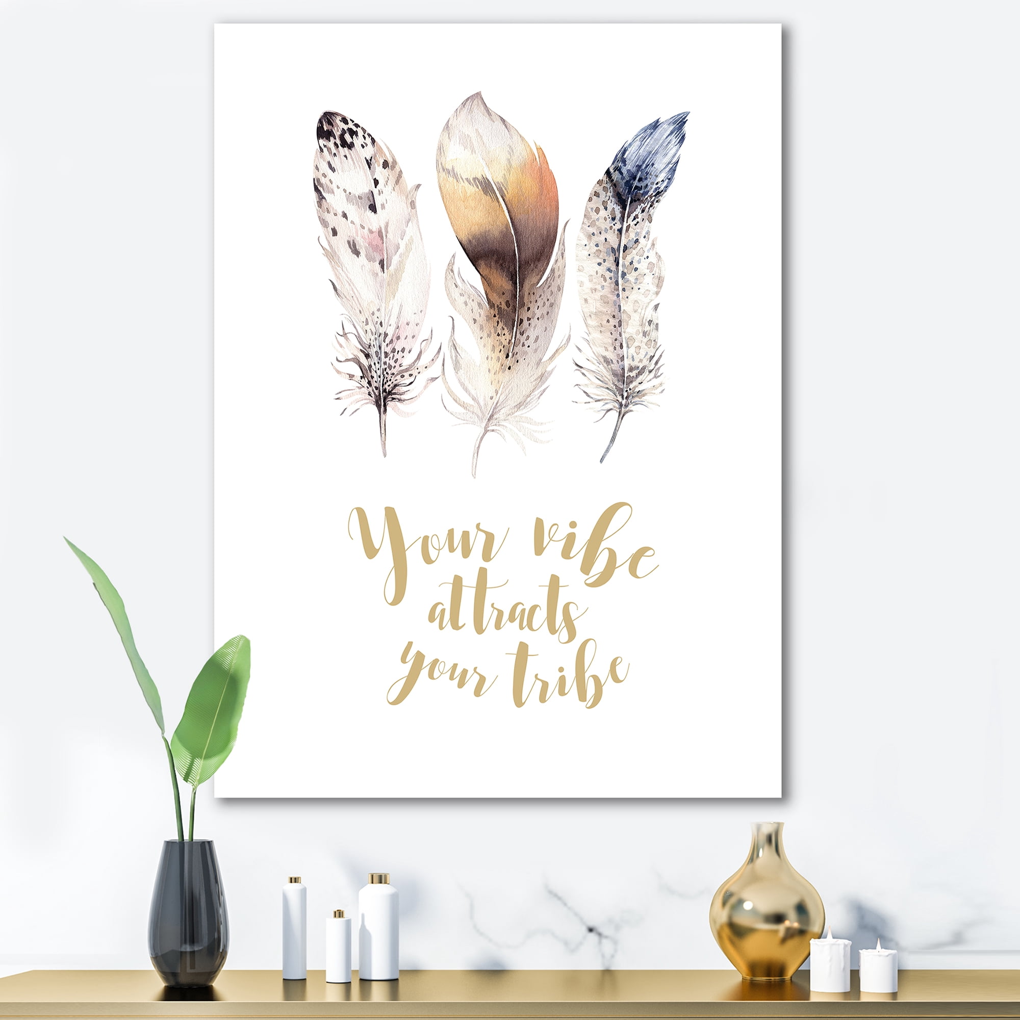 Designart ' Multicolored Ethnic Art Feathers With Inspiring Quote ' Bohemian & Eclectic Canvas Wall Art Print