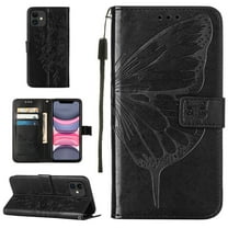 Dteck iPhone 11 Case, Butterfly Patterned Wallet Case, Magnetic Hand Strap Credit Card Holder Slots Synthetic Leather Kickstand Protective Cover For iPhone 11, Black