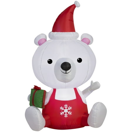Christmas Inflatable Polar Bear With Santa Hat & Gift By Gemmy