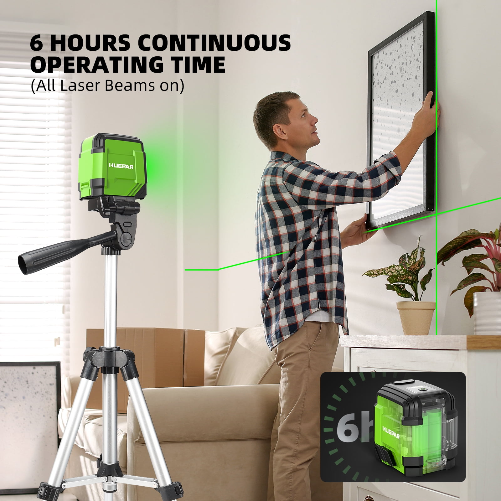 Huepar Green Self-leveling Laser Level with Tirpod, Cross Line Laser Levels for DIY Home Picture Hanging with AA Batteries and Carry Bag