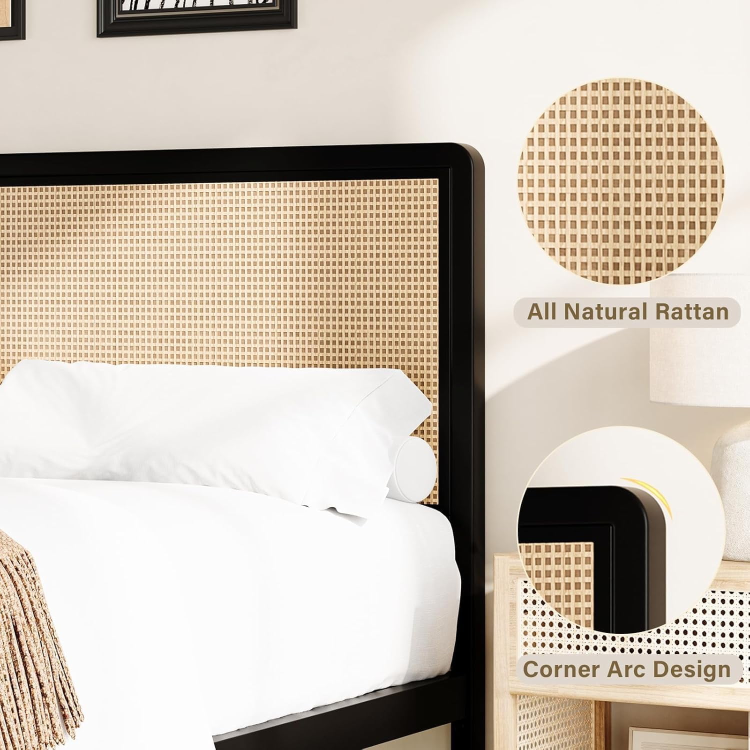 4 EVER WINNER Twin Size Bed Frame, Rattan Bed Frame with Natural Rattan Headboard and Footboard, No Box Spring Needed, Black