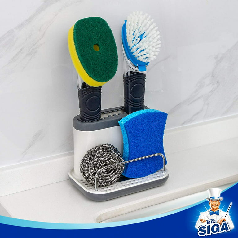 MR.SIGA Sink Caddy, Kitchen Sink Organizer Sponge Brush Holder with Drip Tray, White & Gray