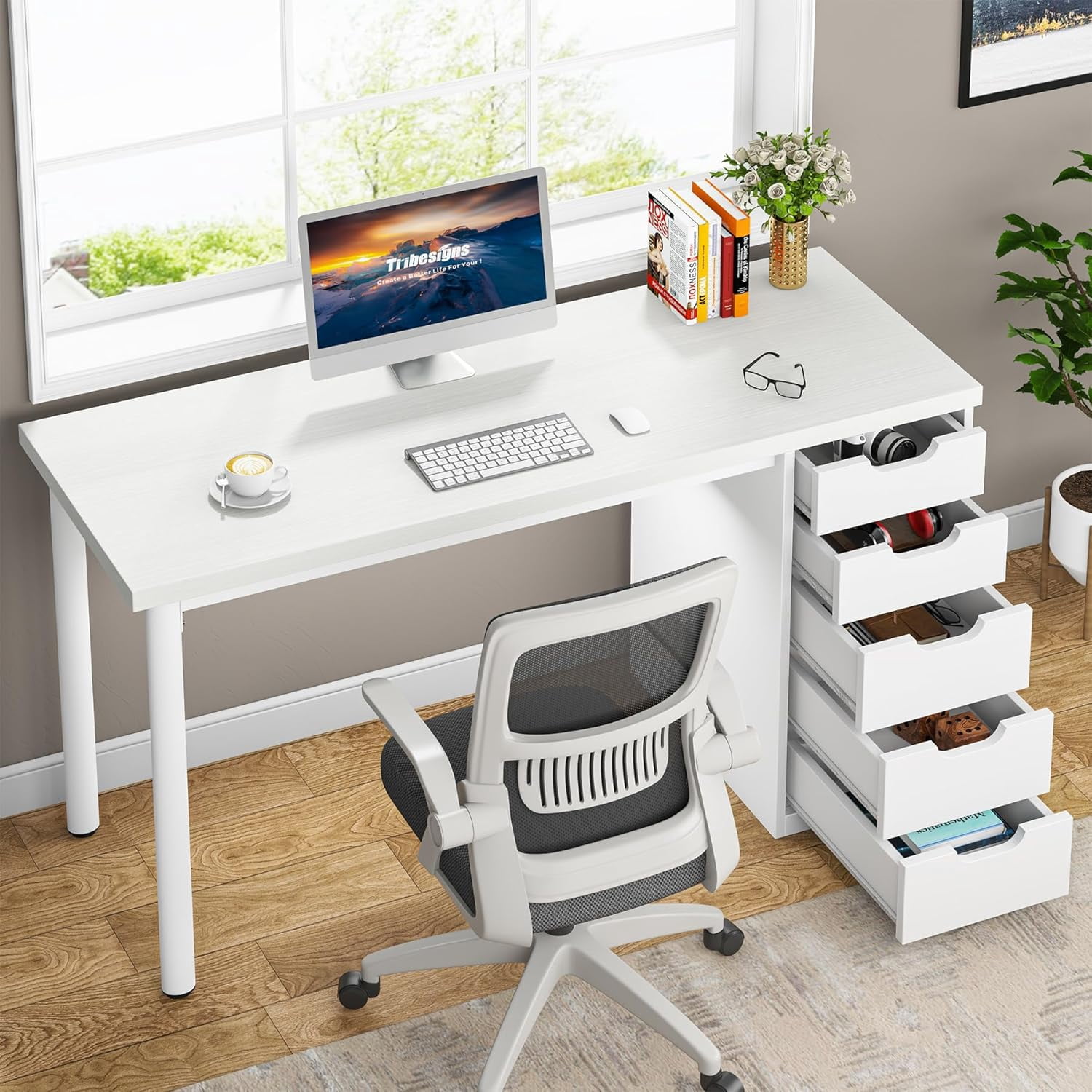 Tribesigns Computer Desk with 5 Drawers, 47 inches Rustic Brown Home Office Desk with Storage