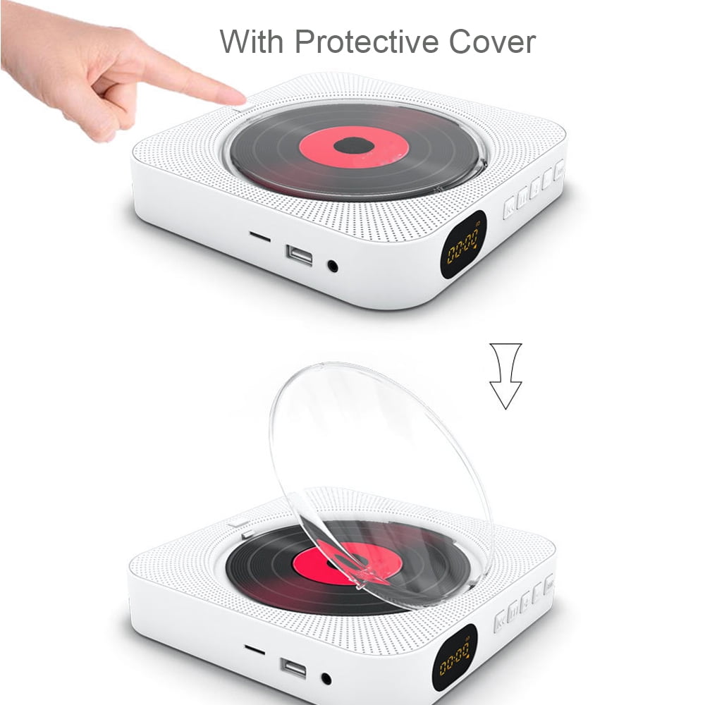 MEGICOT Bidirectional Bluetooth Wall Mountable CD Player Built-in Speakers, Portable Music Player with Dust Cover Remote Control, Support FM Radio USB flash Micro SD AUX Play