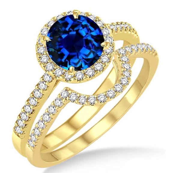 Art Deco 6mm Round Cut 2 Carat Blue Sapphire And Moissanite Diamond Halo Bridal Set Engagement Ring on 10k Yellow Gold