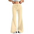thumbnail image 1 of Pantalones de chándal ajustados de mujer, de color liso y cintura alta, con pierna ancha y diseño con lazo delantero. Pantalones informales, para estar por casa o para la playa., 1 of 3