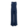 thumbnail image 4 of LEKWK Womens Summer Outfits 3 Piece Open Front Long Cardigan V Neck Sleeveless Tank Top and Drawstring Wide Leg Pants Casual Beach Vacation Lounge Sets, 4 of 6