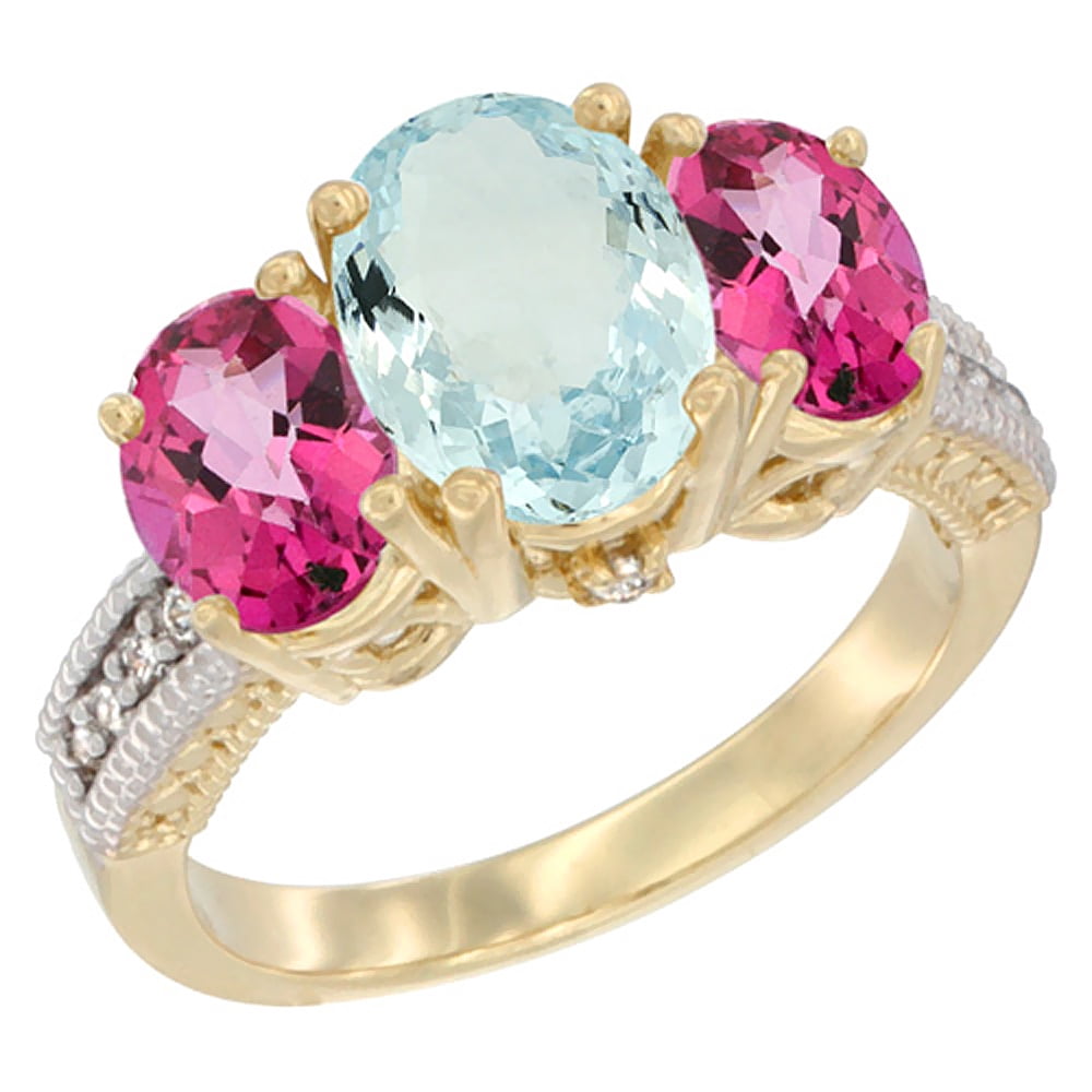 14K Yellow Gold Diamond Natural Aquamarine Ring 3-Stone Oval 8x6mm with Pink Topaz, sizes5-10 by WorldJewels
