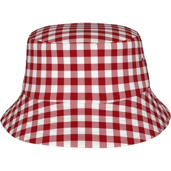 Classic Red and White Checkered Gingham Pattern Sun Hats Washed Denim Bucket Hats Packable Beach Hats