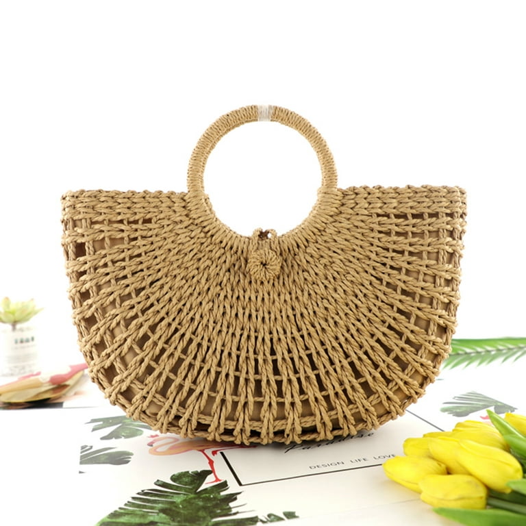 Visland Straw Bags for Women,Hand-woven Straw Large Bag Round Handle Ring  Tote Retro Summer Beach Rattan bag