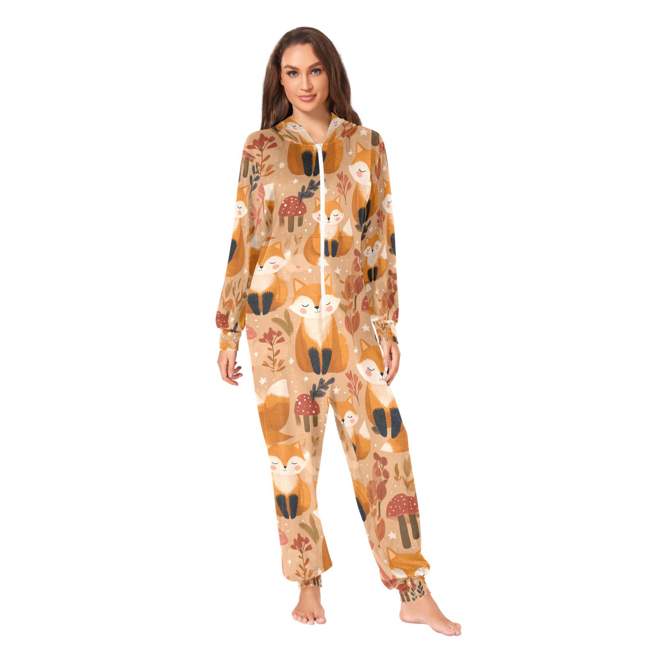 Adult Christmas Onesie Cute Cartoon Fox Adult Zipper One-Piece Pajamas Unisex Pajamas with Pockets