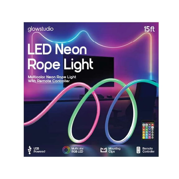 GlowStudio 15 ft Neon Rope Lights, USB Powered, with Remote & Adhesive