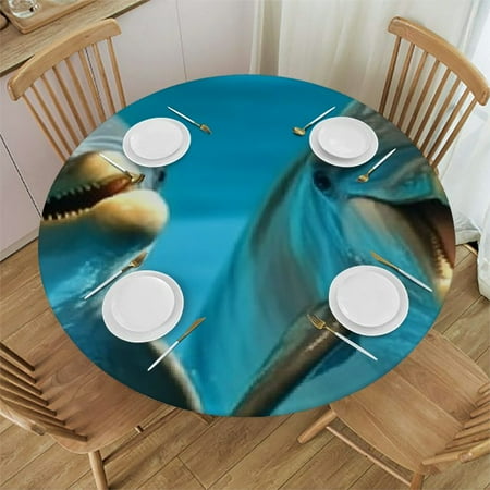 

Orinice Dolphins Swimming Underwater Round Tablecloth Stain-Resistant Washable 100% Polyester Waterproof Fabric Ideal for Indoor Outdoor Restaurants Weddings Parties 38 -42