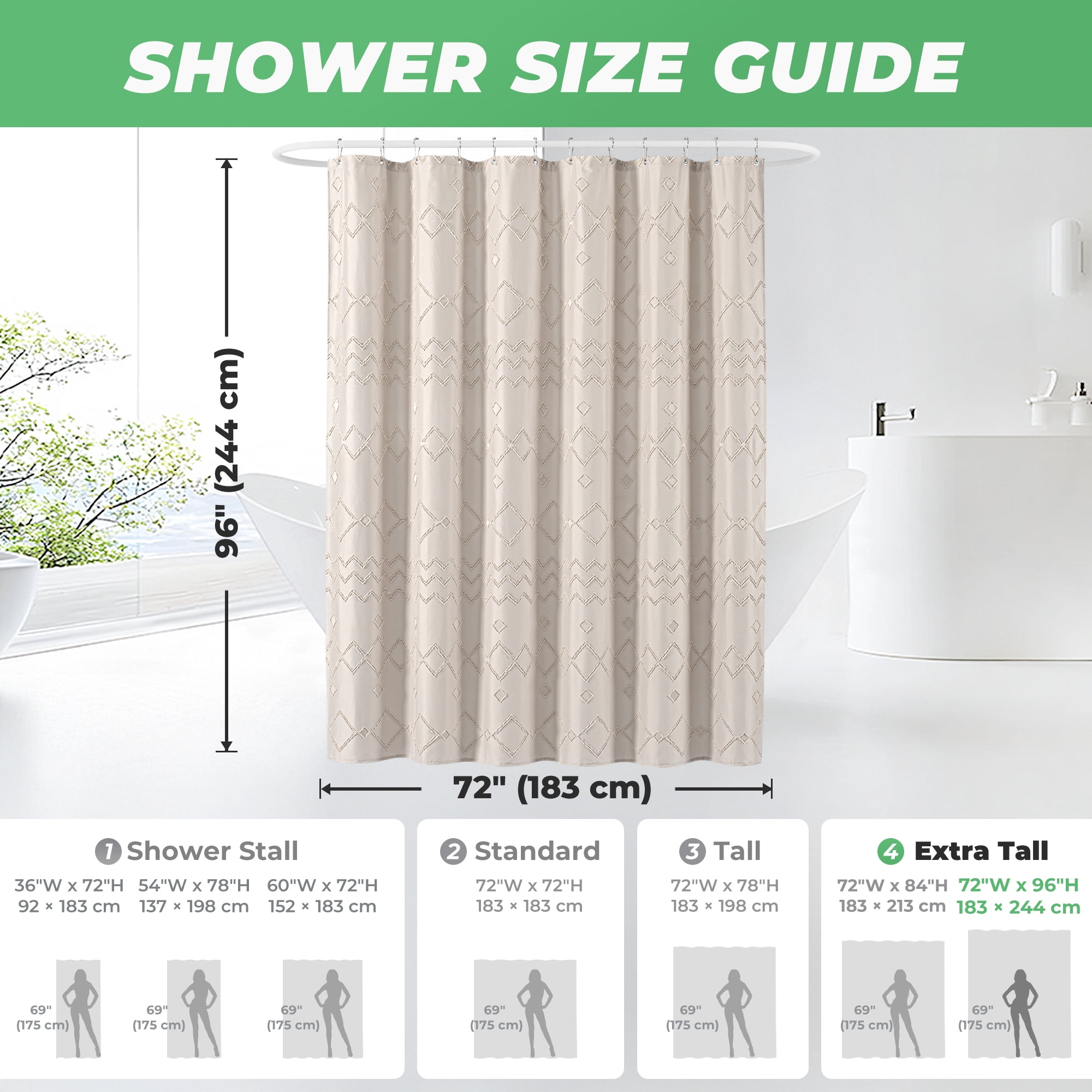 Seasonwood Beige Boho Shower Curtain with Hooks,Extra Long Heavy-Duty Weighted-Hem Fabric Bathroom Curtain,Water-Repellent, Machine-Washable,72"x96"
