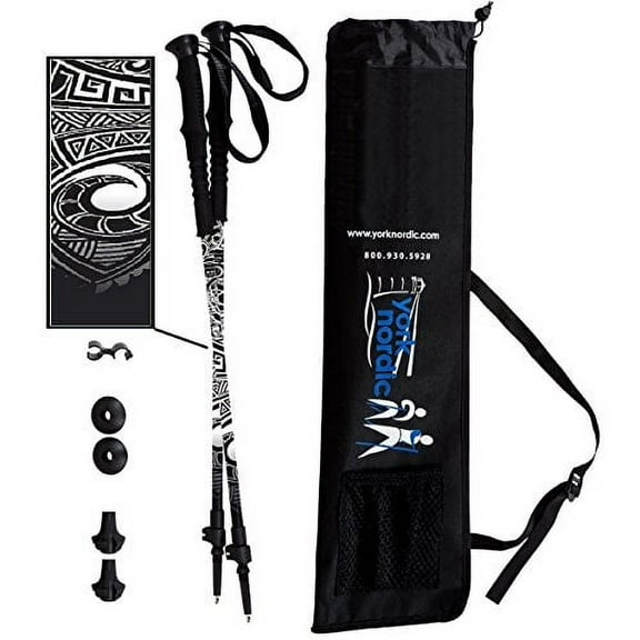 York Nordic Black Maori Tattoo Design Hiking/Walking / Trekking Poles - 2 pack w/flip locks, detachable feet and travel bag - Nordic Grips