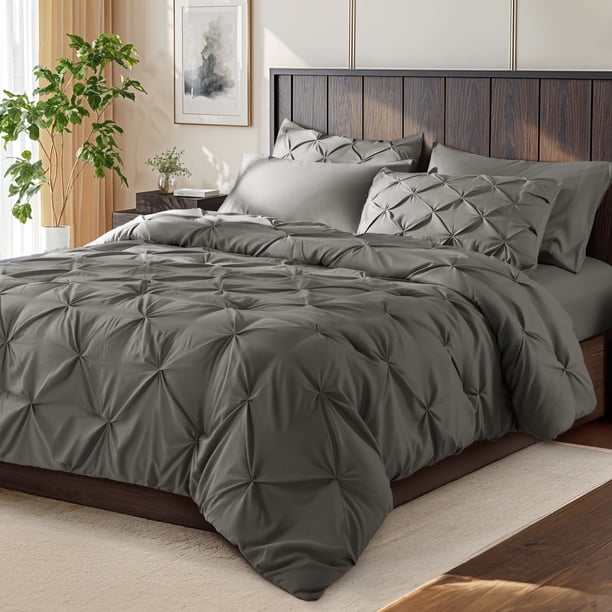 SONORO KATE Juego de Edredón Matrimonial, 7 Piezas para Todas las Estaciones, Cama en una Bolsa con Edredón Plisado - Sábana Plana y Sábana Ajustable - Fundas de Almohada y Fundas, Gris