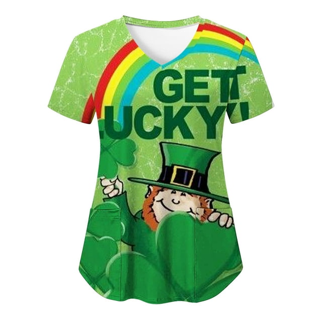 Birdeem Mode Saint-Patrick Femmes Col en V Décontracté Manches Courtes Poches Imprimées Hauts Blouse