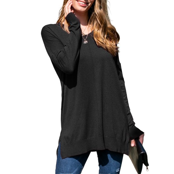 Doublju Women's Long Sleeve V-Neck Loose Fit Knit Sweater with Plus Size