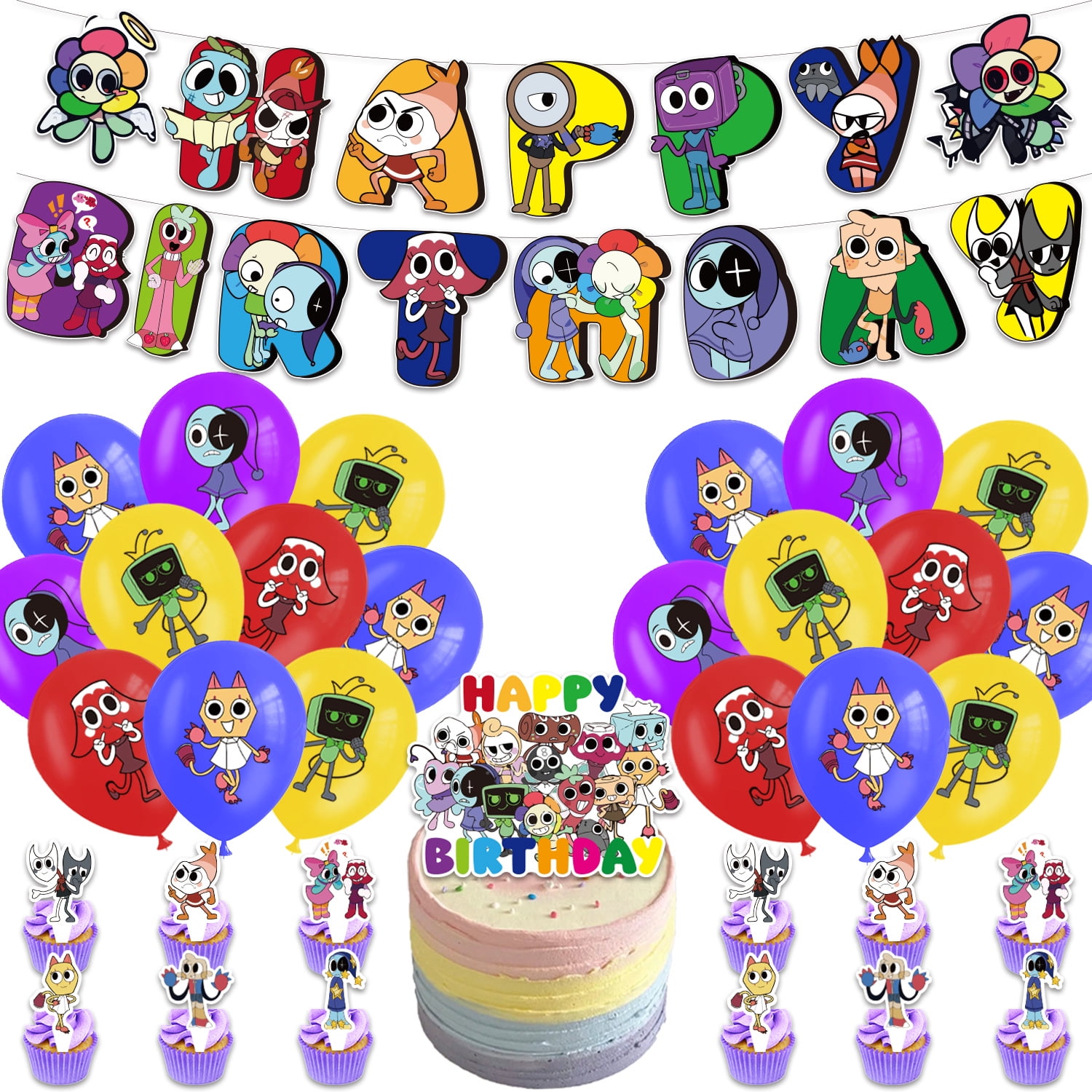 Dandys Worlds – Set Décoration Anniversaire 32 Pièces – Bannière, Topper, Ballons, Cupcakes – Thème Anime