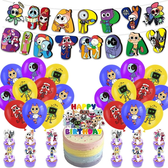 New Cute Cartoon Dandy's World Birthday Party Decoration, Including Banners, Balloons, Cake Toppers, Background Cloth Supplies, Suitable for Birthday Parties, Carnival Parties, Halloween