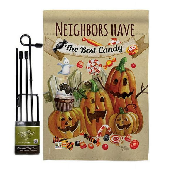 Breeze Decor BD-HO-GS-112067-IP-BO-D-US16-BD 13 x 18.5 in. Neighbors Candy Fall Halloween Vertical Double Sided Mini Garden Flag Set with Banner Pole