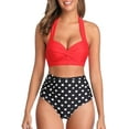 thumbnail image 1 of Women Vintage Swimsuit Two Piece Retro Halter Ruched High Waist Bikini, 1 of 2