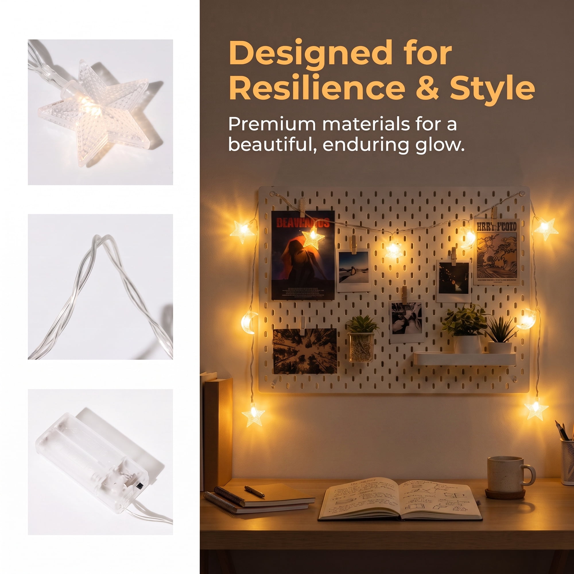 Unique Bargains Star and Moon Fairy Lights with Flexible Wire 6.6 ft Battery Operated