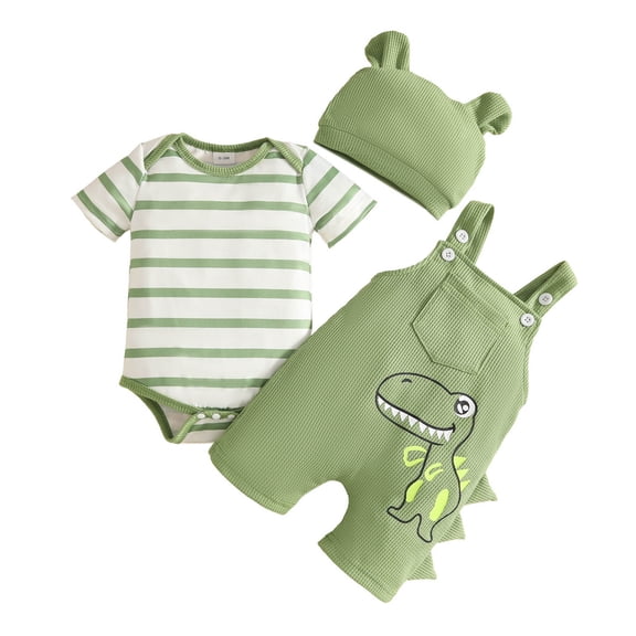 RMGVDSD Baby Boy Clothes Short Sleeve Striped Romper Bodysuit Cartoon Dinosaur Suspender Shorts Hat 3Pcs Coming Home Outfit 6-12 Months