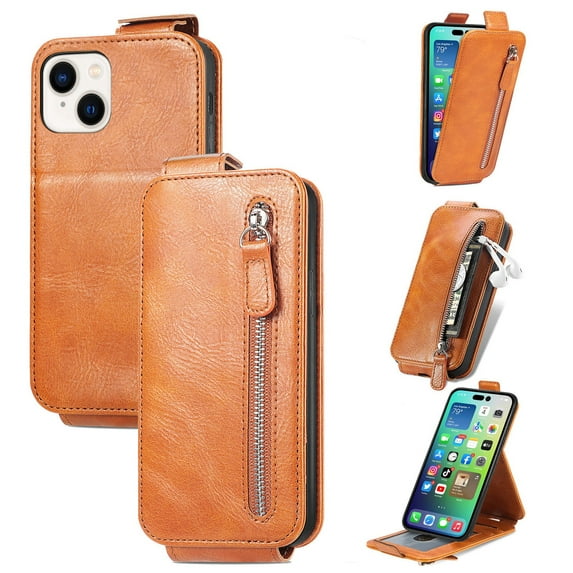 SaniMore for iPhone 14 Magnetic Closure Top & Bottom Flip Wallet Case, Premium PU Leather Cover with Car Mount Card Slot & Adjustable Kickstand Full Body Protective Shell, Brown