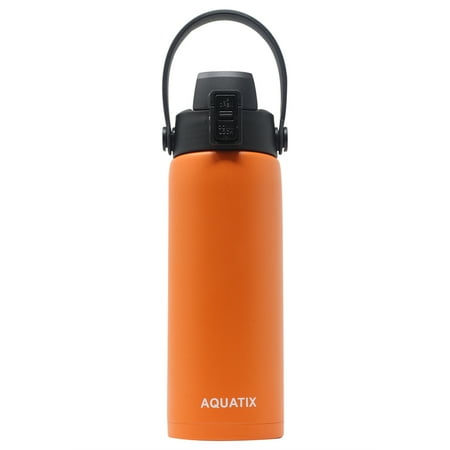 Flip Top Drink Aquatix (Orange, 21 Ounce) Pure Stainless Steel Double Wall Vacuum Insulated Sports Water Bottle Convenient Flip Top Cap with Removable Strap Handle - Keeps Drinks Cold 24 hr/Hot 6 hr ()