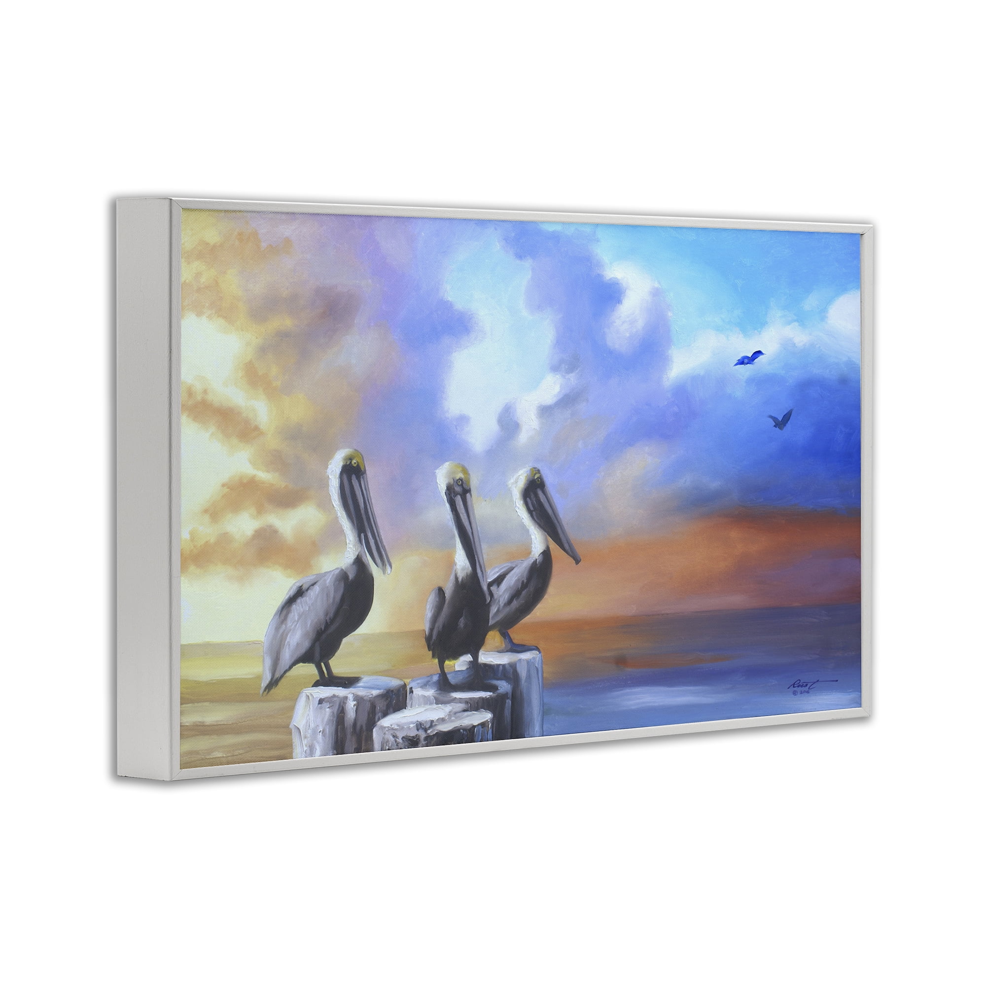 Stupell Industries Vivid Pelican Trio Landscape Painting White Framed Art Print Wall Art, 30 x 20