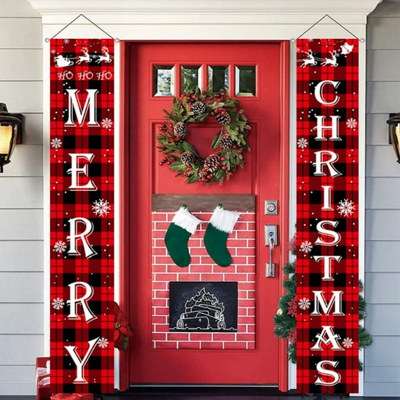 FH Christmas Decorations Outdoor Yard Front Porch Sign Set, Red Black Buffalo Plaid Door Banner, Hanging Merry Christmas Decorations for Home Indoor Outdoor Xmas Decor Wall Front Door Yard