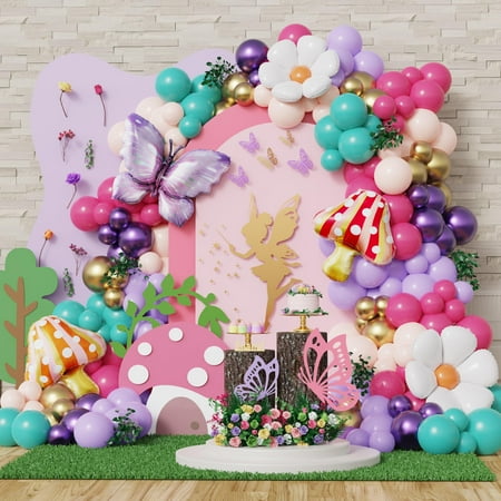 KINNO Spring Fairy Balloon Garland Arch Kit, 159pcs Pink Purple Rainbow Balloons with Daisy Butterfly Mushroom Foil Balloon