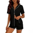 thumbnail image 5 of DYTTDG Solid Color Pajama Set for Women Short Sleeve Flouncing Cuff Shirt with Short Pajama Pant Set Soft Button Down & Drawstring, 5 of 6