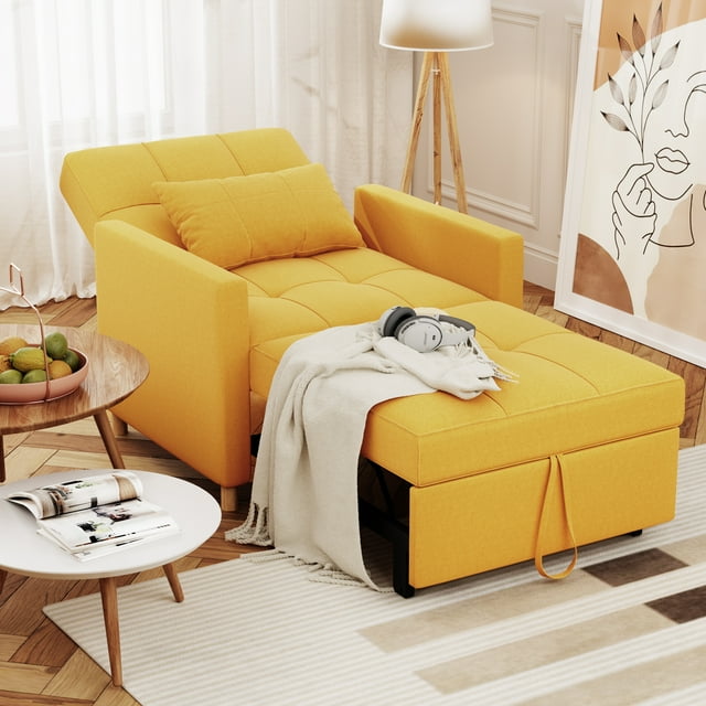 AECOJOY Fauteuil-Lit Convertible 3-en-1 de 31,5 Pouces et Canapé-Lit Futon avec Dossier Réglable et 2 Oreillers - Jaune