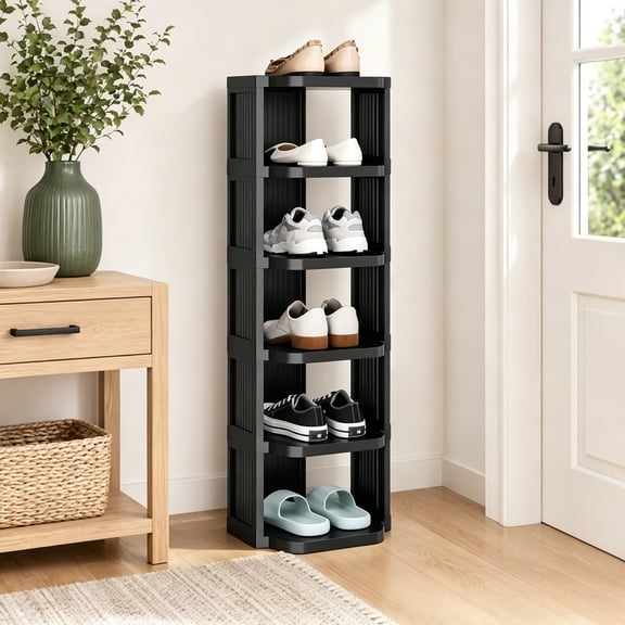 Small Shoe Rack – 6 Tier Vertical Shoe Storage for Narrow Spaces, Closet & Entryway Organizer (Black)