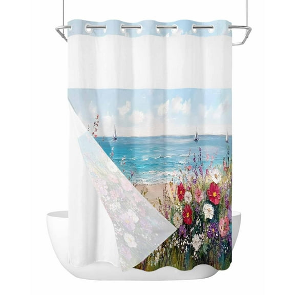 No Hook Shower Curtains with Snap in Liner, Oil Painting Floral Waterproof Fabric Shower Curtain, Summer Beach Coastal Art Double Layers & See-Through Top Window Bathroom Curtains 72''x84''
