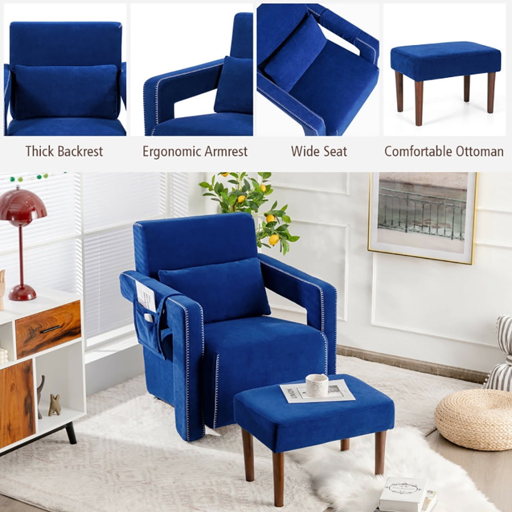 Finihen Accent Single Sofa Chair with Ottoman, Modern Berber Fleece Single Sofa Chair with Ottoman and Waist Pillow, for Living Room, Bedroom, Blue Finihen Accent Single Sofa Chair with Ottoman, Modern Berber Fleece Single Sofa Chair with Ottoman and Waist Pillow, for Living Room, Bedroom, Blue