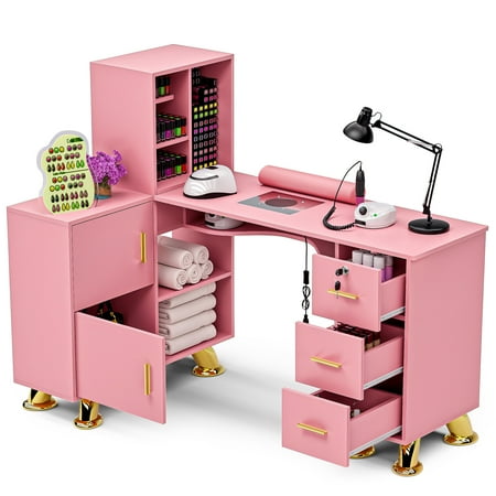 Advwin L-Shaped Manicure Table with Storage Drawers Shelves Electric Downdraft Vent Wrist Cushioin Salon Corner Manicure Workstation Pink