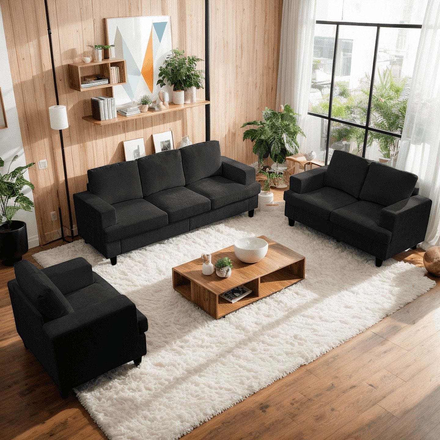 ZAFLY 3 Piece Living Room Sofa Set with Solid Wood, Chenille Couch