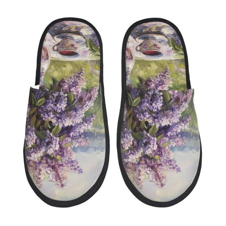 Balery Lilacs Teapot Scenic Painting Slient Indoor Furry Fleece Comfort House Shoes Soft Non-Slip Home Shoes Cotton slippers House Slippers-- Large