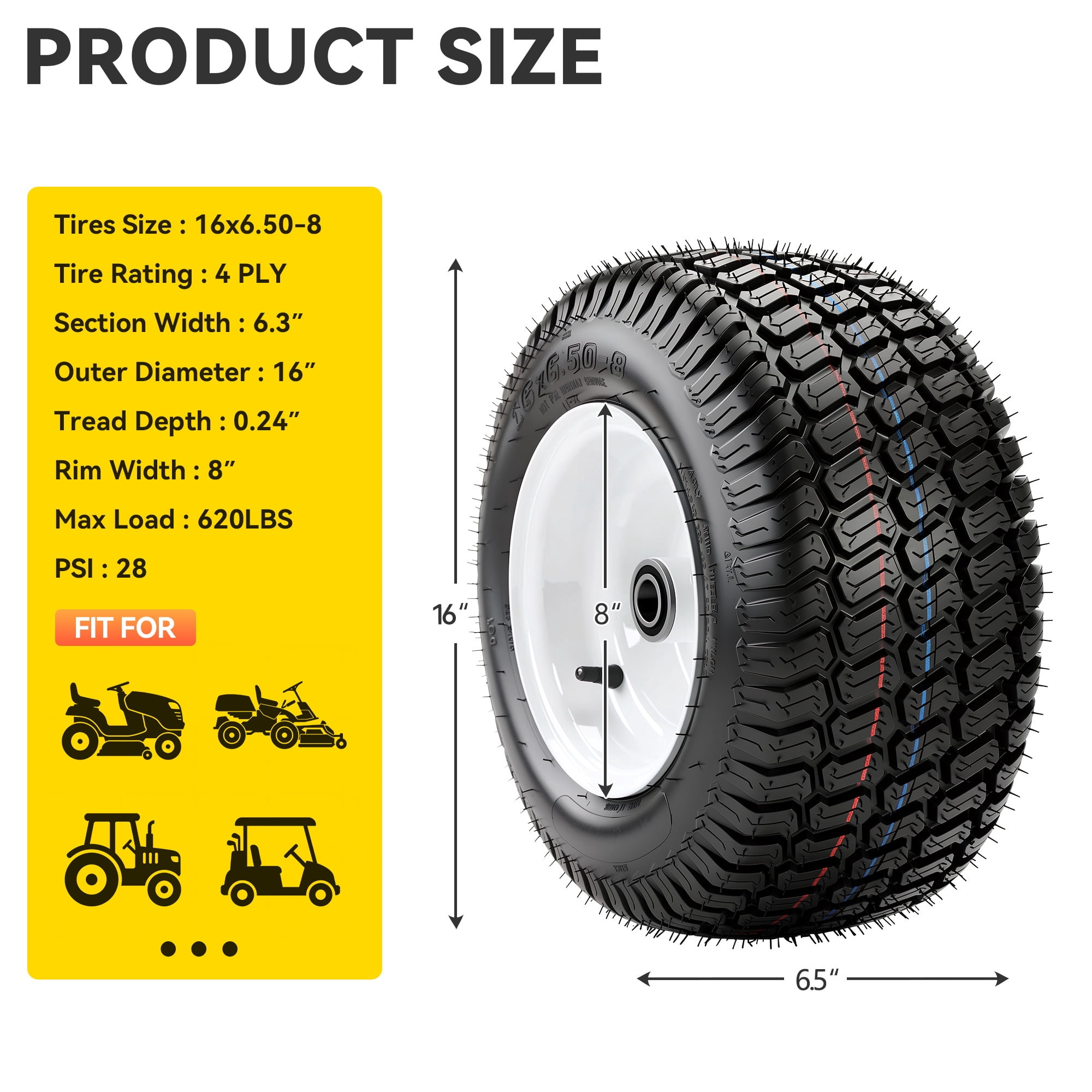 Uforic 16x6.50-8 Flat-Free Lawn Mower Tire and Wheel Assembly, 4-Ply Tubeless Front Replacement Tire, 3 in Centered Hub, 3/4 in Bushings, 620 lb Capacity, 2-Pack