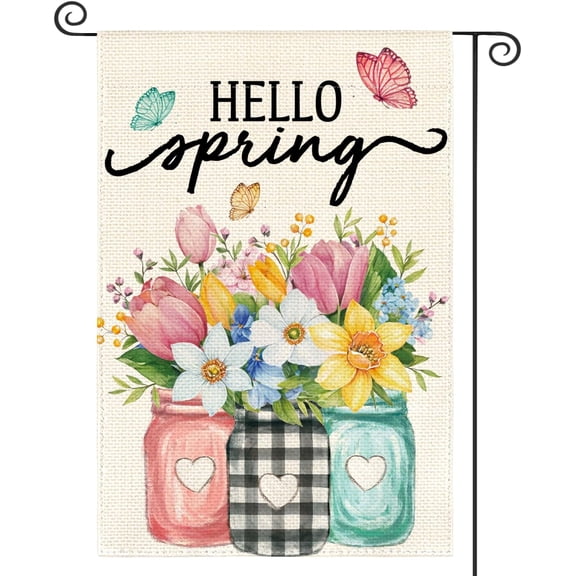 Hello Spring Yard Garden Flag 12x18 Inch Double Sided Floral Mason Jar Outdoor Flag for Outside Home Patio Decoration