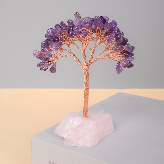 1pcs Crystal Healing Money Tree for Home Living Decor, Office Desk Decor, Wealth & Good Luck，Birthday Gifts for Men, Women, Mom，Amethyst [Pink Quartz Rough Base]