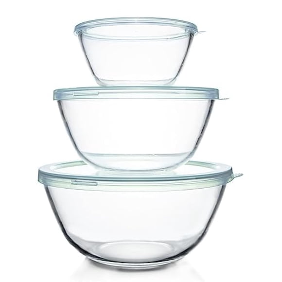 Juego de cuencos para mezclar de vidrio Luvan con tapas de 1,1 L, 2,7 L, 4,5 L (3 piezas)